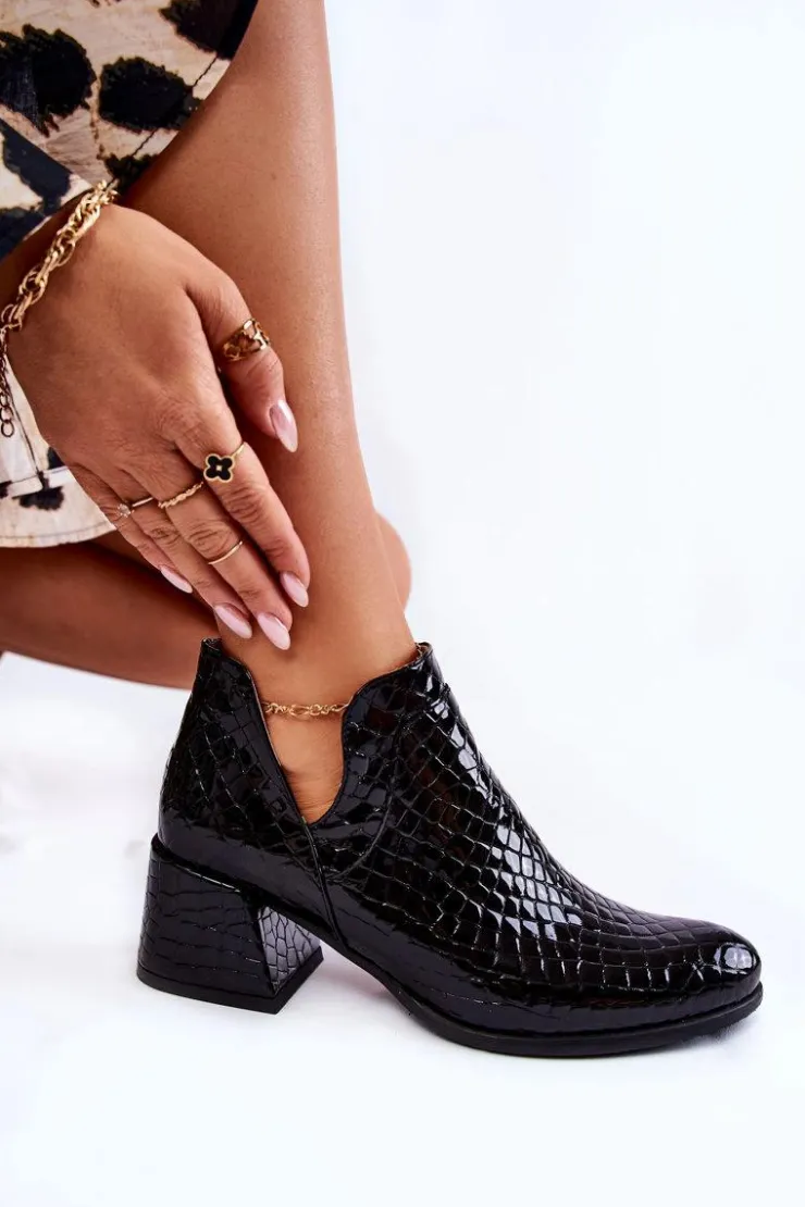 Clearance Boto Lakierowane Botki Z Wycięciami Krokodyli Wzór Czarne Dalros