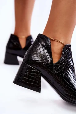 Clearance Boto Lakierowane Botki Z Wycięciami Krokodyli Wzór Czarne Dalros