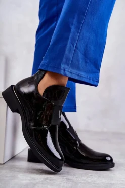 Discount Buty damskie Vinceza Lakierowane Botki Z Wycięciami Na Płaskim Obcasie Czarne Eunice