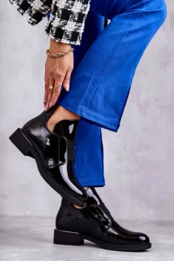 Discount Buty damskie Vinceza Lakierowane Botki Z Wycięciami Na Płaskim Obcasie Czarne Eunice