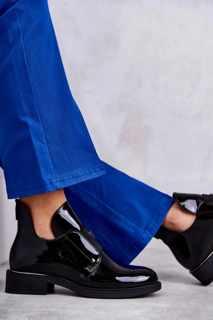 Discount Buty damskie Vinceza Lakierowane Botki Z Wycięciami Na Płaskim Obcasie Czarne Eunice