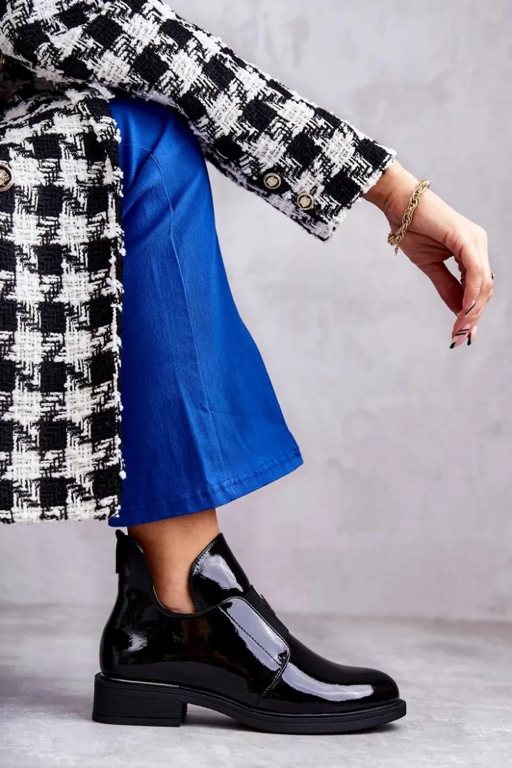 Discount Buty damskie Vinceza Lakierowane Botki Z Wycięciami Na Płaskim Obcasie Czarne Eunice