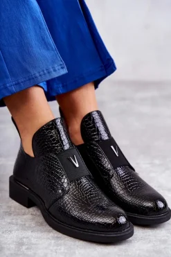 Buty damskie Vinceza Czarne Botki|Botki Zimowe Damskie*Lakierowane Botki Z Wycięciami Na Płaskim Obcasie Czarne Eunice