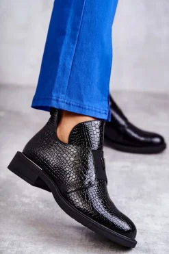 Buty damskie Vinceza Czarne Botki|Botki Zimowe Damskie*Lakierowane Botki Z Wycięciami Na Płaskim Obcasie Czarne Eunice