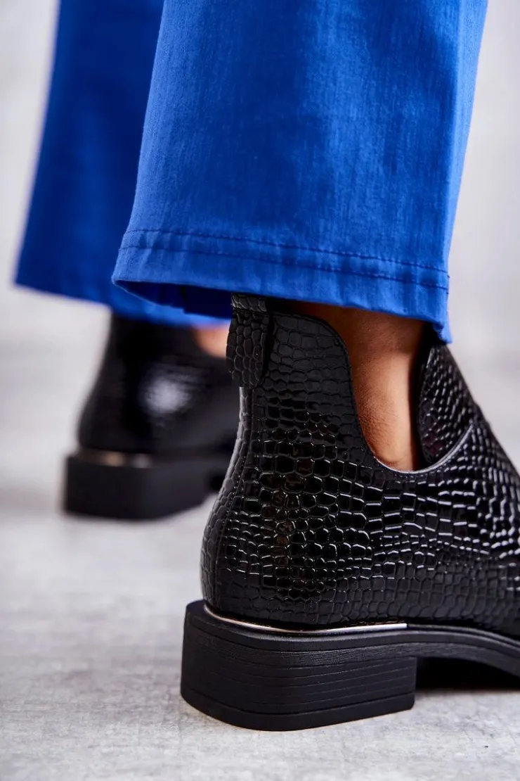 Buty damskie Vinceza Czarne Botki|Botki Zimowe Damskie*Lakierowane Botki Z Wycięciami Na Płaskim Obcasie Czarne Eunice