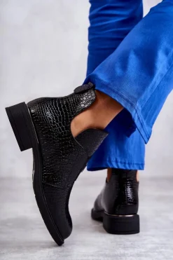 Buty damskie Vinceza Czarne Botki|Botki Zimowe Damskie*Lakierowane Botki Z Wycięciami Na Płaskim Obcasie Czarne Eunice