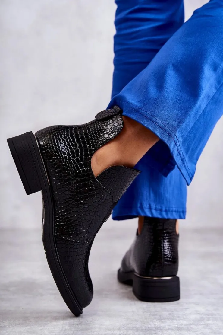 Buty damskie Vinceza Czarne Botki|Botki Zimowe Damskie*Lakierowane Botki Z Wycięciami Na Płaskim Obcasie Czarne Eunice