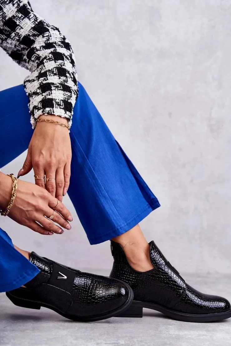 Buty damskie Vinceza Czarne Botki|Botki Zimowe Damskie*Lakierowane Botki Z Wycięciami Na Płaskim Obcasie Czarne Eunice