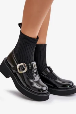 Damskie Damskie buty S.Barski Lakierowane Botki Ze Skarpetą I Klamrą Wsuwane MR880-076 Czarne