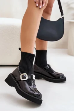Damskie Damskie buty S.Barski Lakierowane Botki Ze Skarpetą I Klamrą Wsuwane MR880-076 Czarne