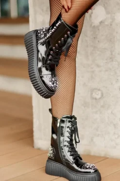 Damskie Damskie buty S.Barski Lakierowane Botki Ze Zdobieniem Na Platformie D&A MR880-079 Czarne