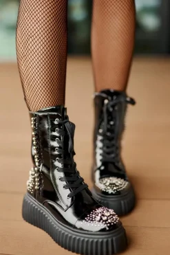 Damskie Damskie buty S.Barski Lakierowane Botki Ze Zdobieniem Na Platformie D&A MR880-079 Czarne