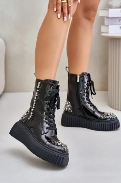 Damskie Damskie buty S.Barski Lakierowane Botki Ze Zdobieniem Na Platformie D&A MR880-079 Czarne