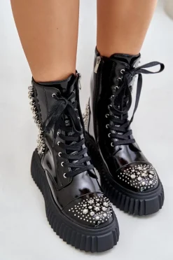 Damskie Damskie buty S.Barski Lakierowane Botki Ze Zdobieniem Na Platformie D&A MR880-079 Czarne