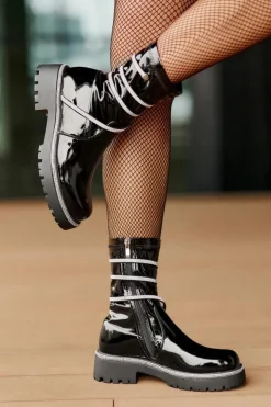 Damskie Boto Lakierowane Botki Ze Zdobieniem Czarne Kikizelle