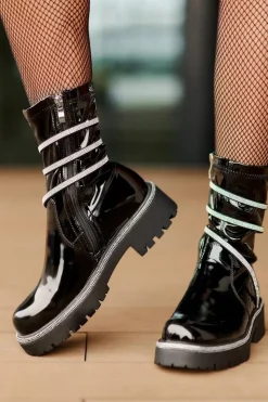 Damskie Boto Lakierowane Botki Ze Zdobieniem Czarne Kikizelle