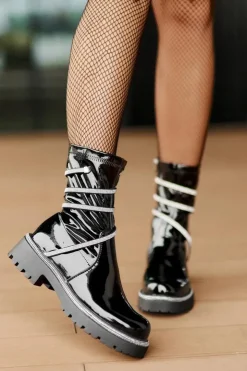 Damskie Boto Lakierowane Botki Ze Zdobieniem Czarne Kikizelle