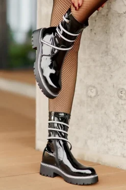 Damskie Boto Lakierowane Botki Ze Zdobieniem Czarne Kikizelle