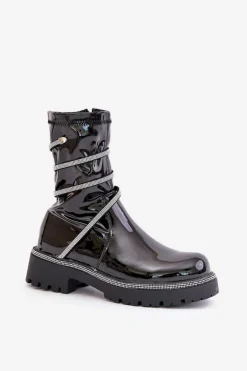 Damskie Boto Lakierowane Botki Ze Zdobieniem Czarne Kikizelle