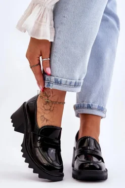 Discount Damskie buty S.Barski Lakierowane Czółenka Mokasyny Na Obcasie Czarne Jay