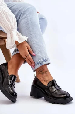 Discount Damskie buty S.Barski Lakierowane Czółenka Mokasyny Na Obcasie Czarne Jay