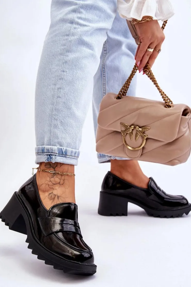 Discount Damskie buty S.Barski Lakierowane Czółenka Mokasyny Na Obcasie Czarne Jay