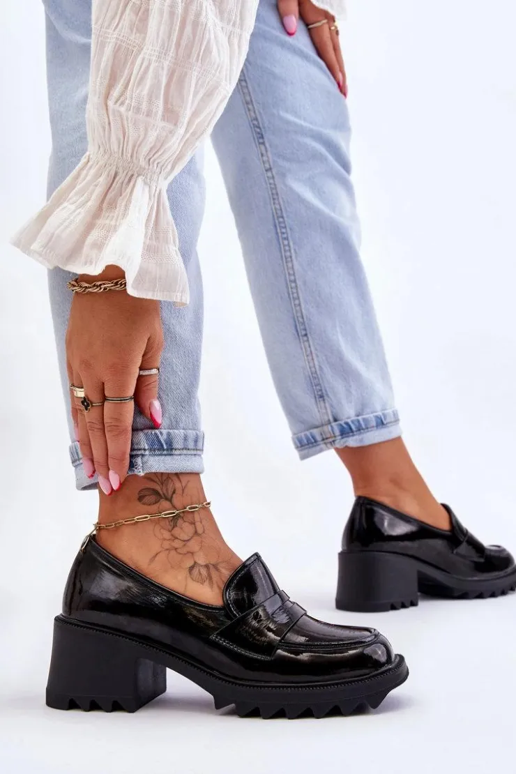 Discount Damskie buty S.Barski Lakierowane Czółenka Mokasyny Na Obcasie Czarne Jay