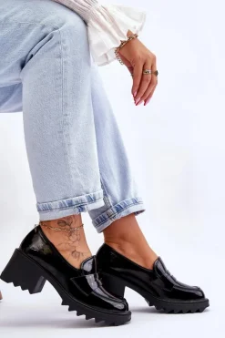 Discount Damskie buty S.Barski Lakierowane Czółenka Mokasyny Na Obcasie Czarne Jay