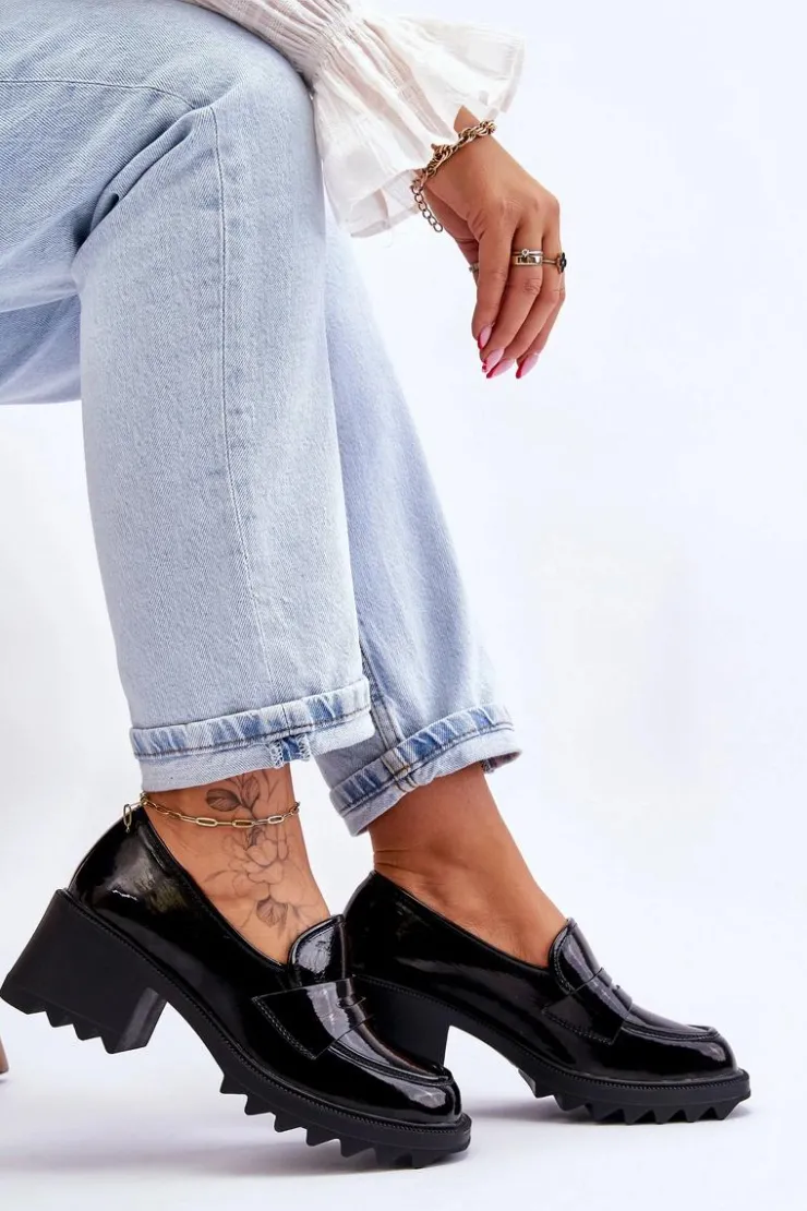 Discount Damskie buty S.Barski Lakierowane Czółenka Mokasyny Na Obcasie Czarne Jay