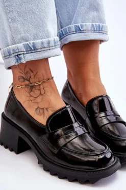 Discount Damskie buty S.Barski Lakierowane Czółenka Mokasyny Na Obcasie Czarne Jay