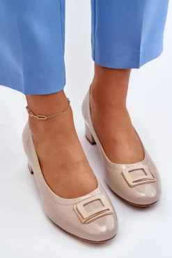 Damskie Buty damskie Vinceza Lakierowane Czółenka Na Klocku Z Ozdobą Beżowe Enollia