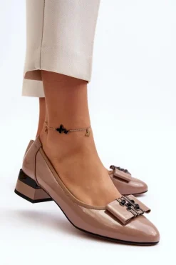 Outlet Buty damskie Vinceza Lakierowane Czółenka Na Klocku Beżowe Ilvanna