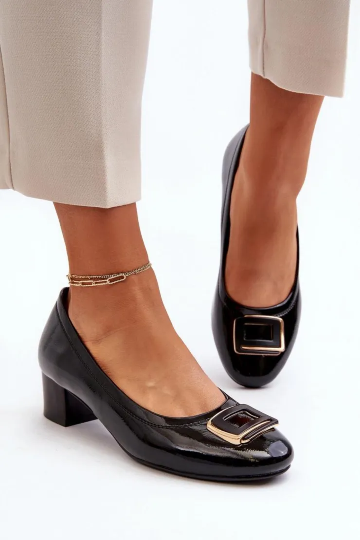 Sale Buty damskie Vinceza Lakierowane Czółenka Na Klocku Z Ozdobą Czarne Enollia