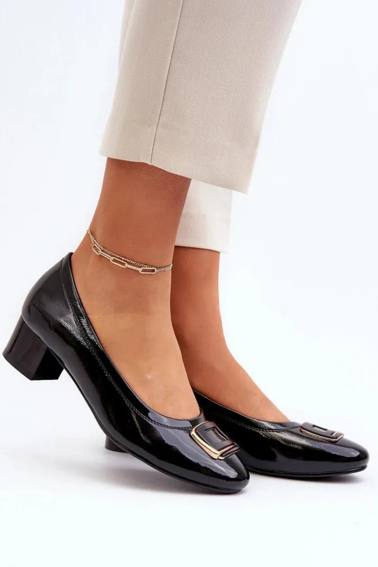 Sale Buty damskie Vinceza Lakierowane Czółenka Na Klocku Z Ozdobą Czarne Enollia