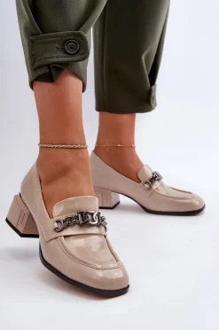 Damskie buty S.Barski Czółenka Klasyczne*Lakierowane Czółenka Na Klocku Beżowe S.Barski MR38-960