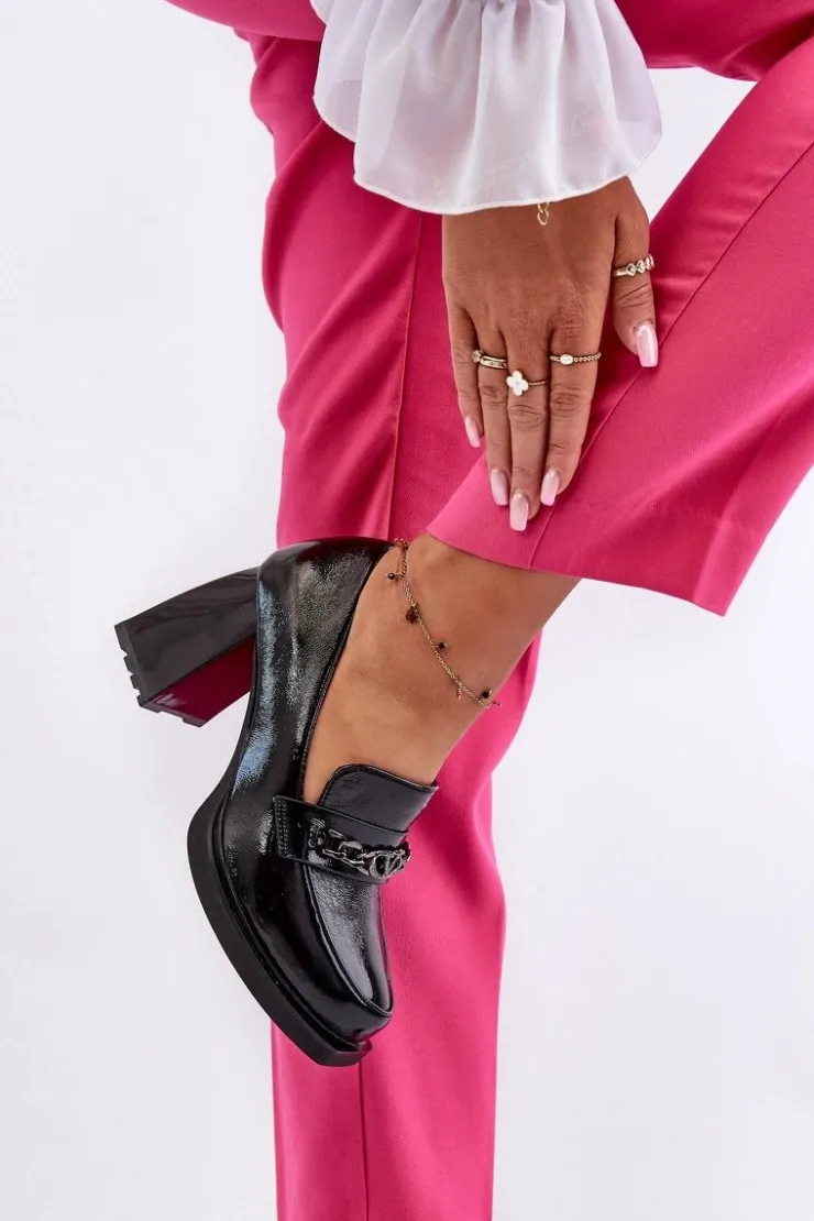 Buty damskie Vinceza Lakierowane Czółenka Na Masywnym Obcasie Czarne Terimene Czarny