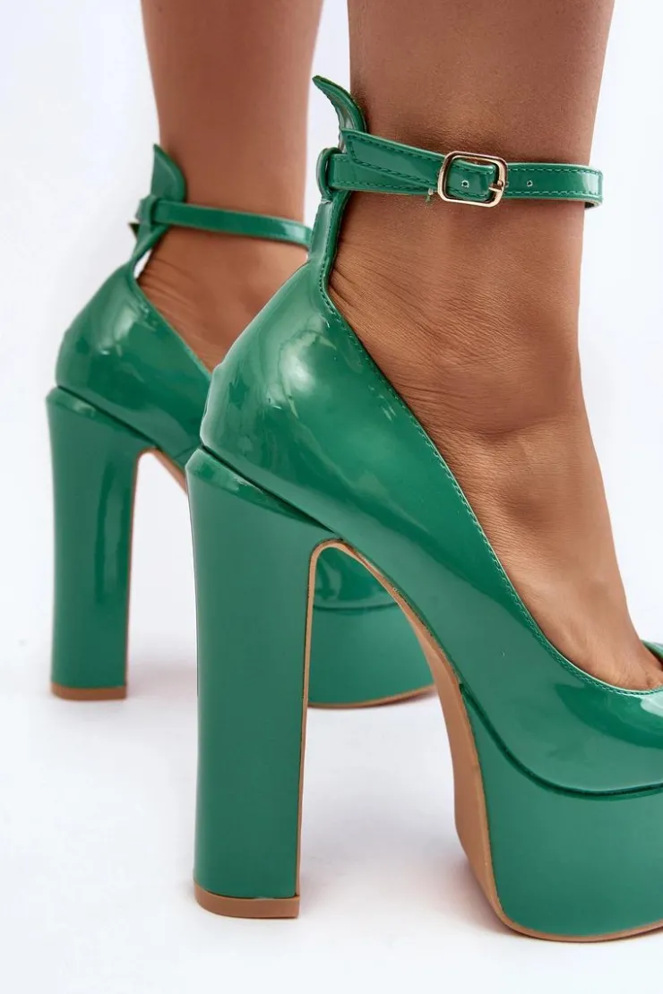 Damskie Boto Lakierowane Czółenka Na Masywnej Platformie I Słupku Zielone Ninames