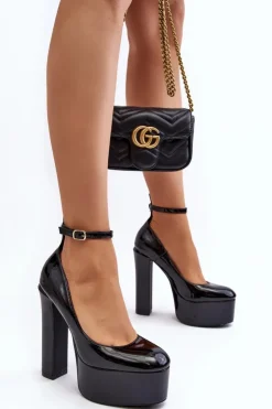 Hot Boto Lakierowane Czółenka Na Masywnej Platformie I Słupku Czarne Ninames