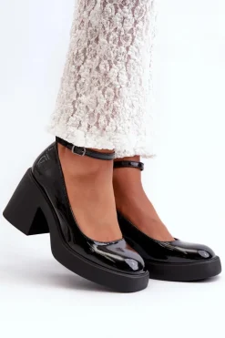 Damskie Boto Lakierowane Czółenka Na Masywnym Obcasie Czarne Effiba