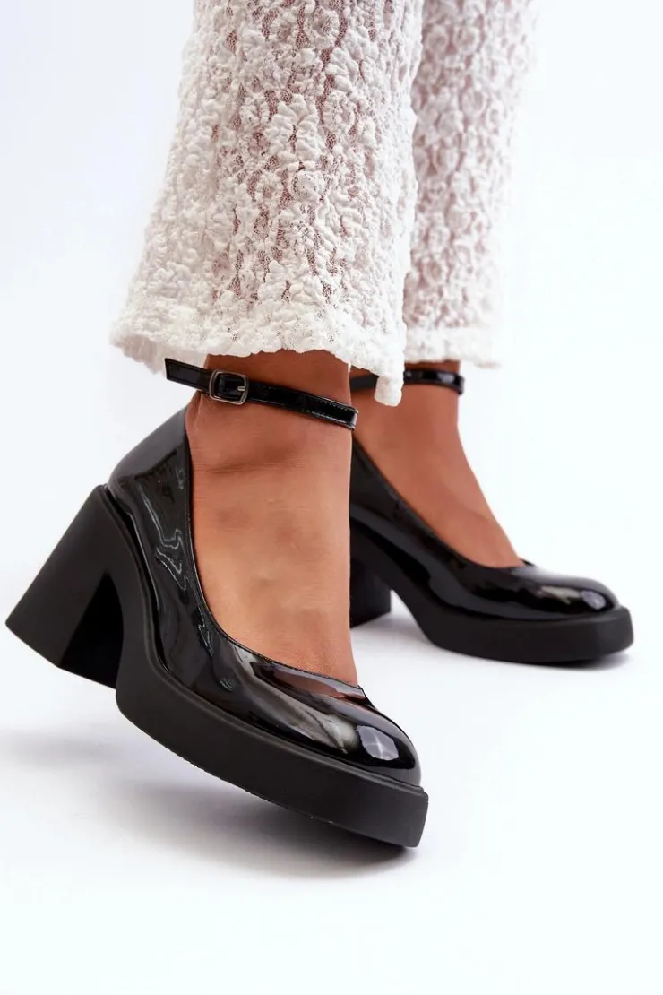 Damskie Boto Lakierowane Czółenka Na Masywnym Obcasie Czarne Effiba
