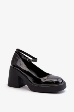 Damskie Boto Lakierowane Czółenka Na Masywnym Obcasie Czarne Effiba