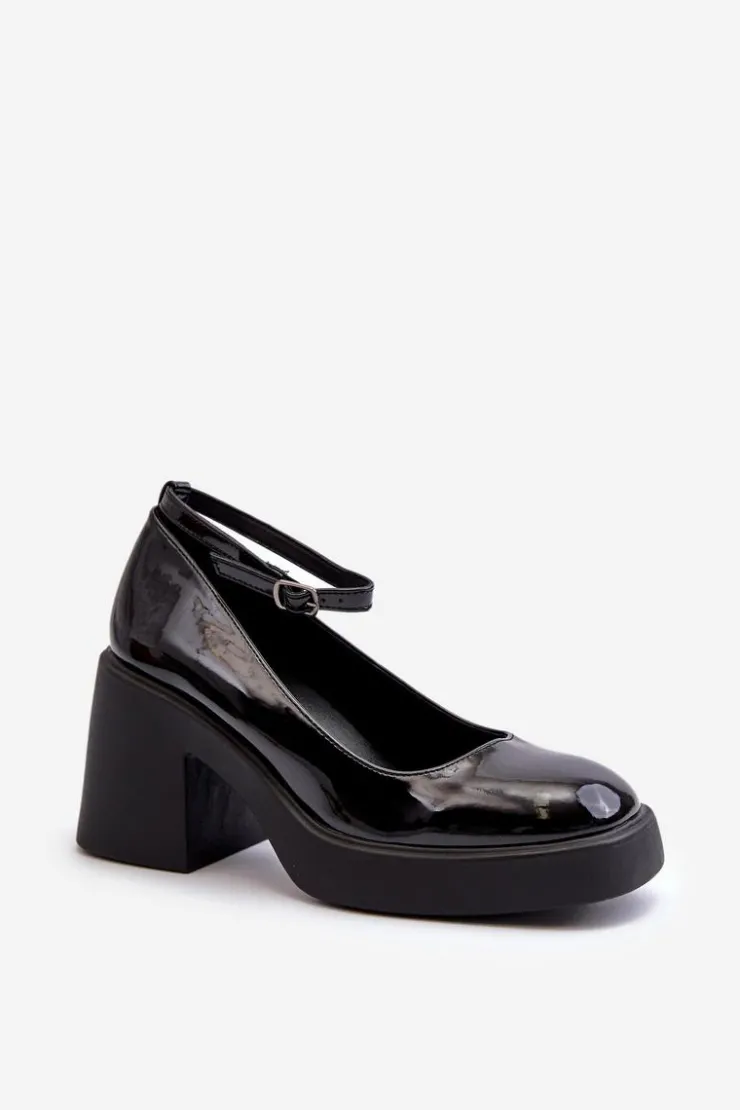 Damskie Boto Lakierowane Czółenka Na Masywnym Obcasie Czarne Effiba