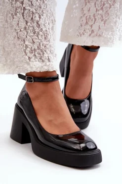 Damskie Boto Lakierowane Czółenka Na Masywnym Obcasie Czarne Effiba