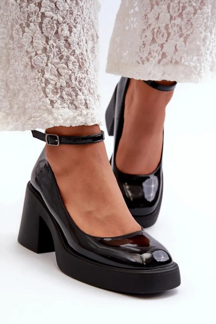 Damskie Boto Lakierowane Czółenka Na Masywnym Obcasie Czarne Effiba
