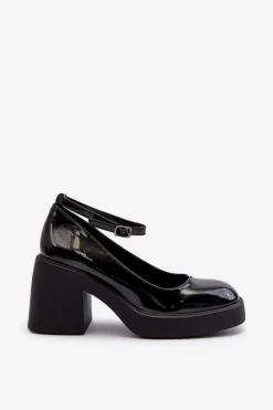 Damskie Boto Lakierowane Czółenka Na Masywnym Obcasie Czarne Effiba