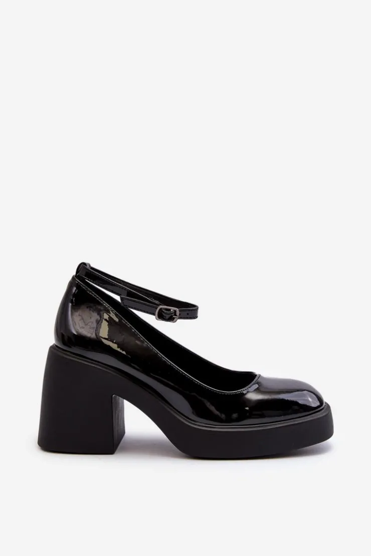 Damskie Boto Lakierowane Czółenka Na Masywnym Obcasie Czarne Effiba