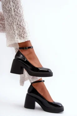 Damskie Boto Lakierowane Czółenka Na Masywnym Obcasie Czarne Effiba