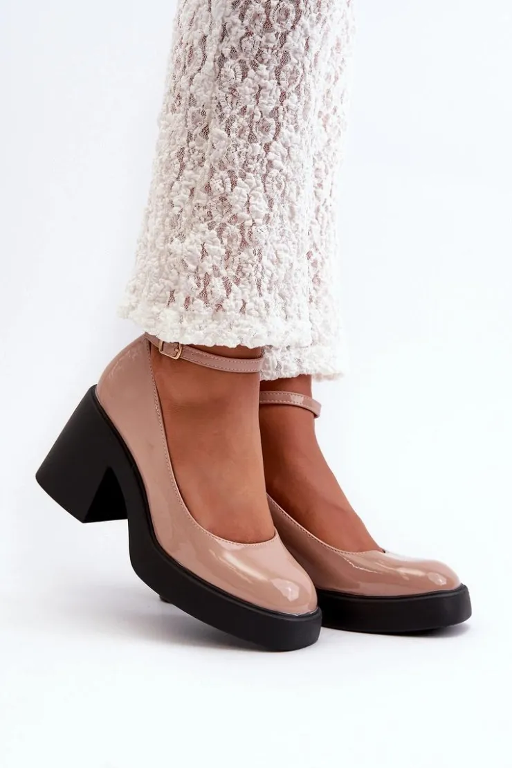 Boto Czółenka Na Platformie|Czółenka Na Słupku*Lakierowane Czółenka Na Masywnym Obcasie Ciemnobeżowe Effiba