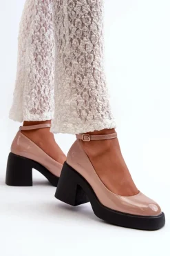 Boto Czółenka Na Platformie|Czółenka Na Słupku*Lakierowane Czółenka Na Masywnym Obcasie Ciemnobeżowe Effiba