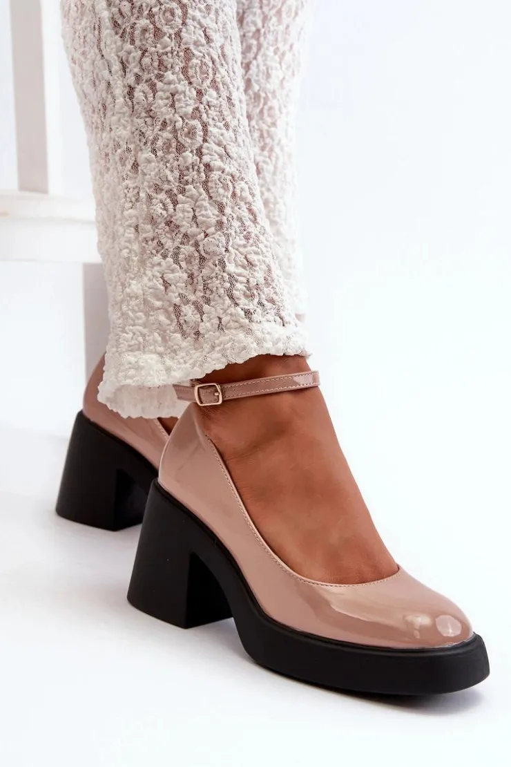 Boto Czółenka Na Platformie|Czółenka Na Słupku*Lakierowane Czółenka Na Masywnym Obcasie Ciemnobeżowe Effiba